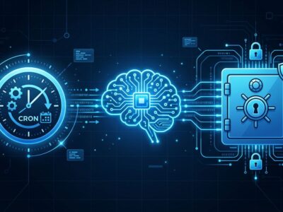 AI agent connected to cron schedule clock and secure credential vault, blue and white tech illustration