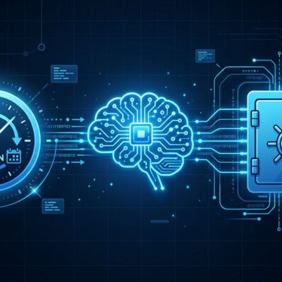 AI agent connected to cron schedule clock and secure credential vault, blue and white tech illustration