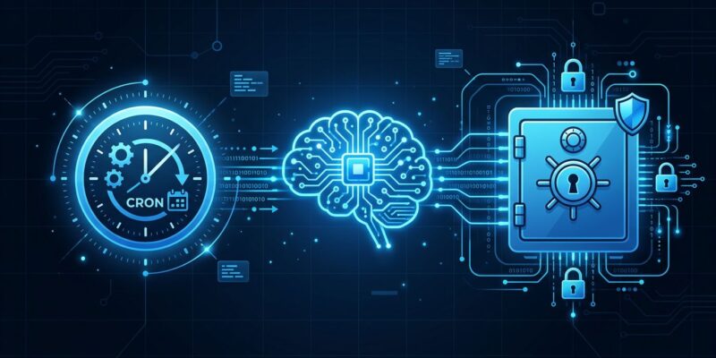 AI agent connected to cron schedule clock and secure credential vault, blue and white tech illustration
