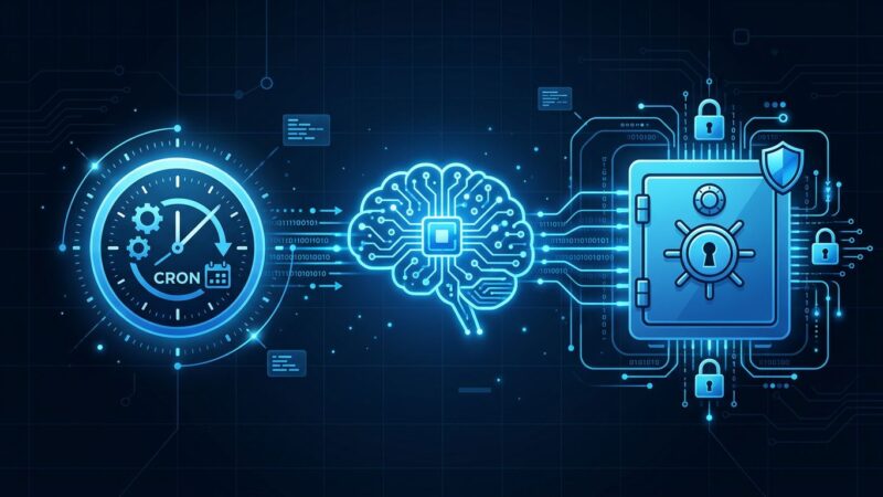 AI agent connected to cron schedule clock and secure credential vault, blue and white tech illustration