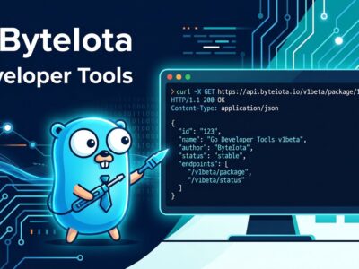 Go gopher at a terminal displaying pkg.go.dev API JSON responses with blue circuit-board background
