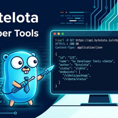 Go gopher at a terminal displaying pkg.go.dev API JSON responses with blue circuit-board background