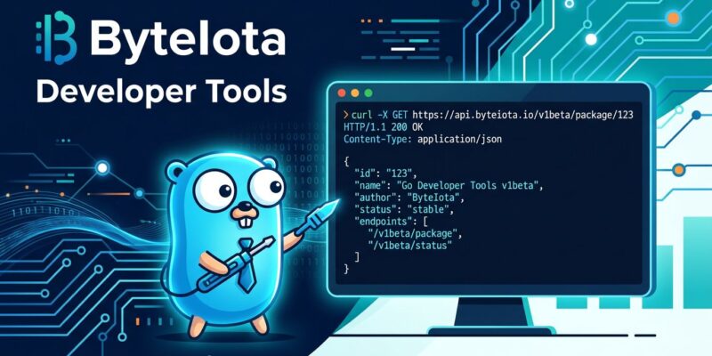 Go gopher at a terminal displaying pkg.go.dev API JSON responses with blue circuit-board background