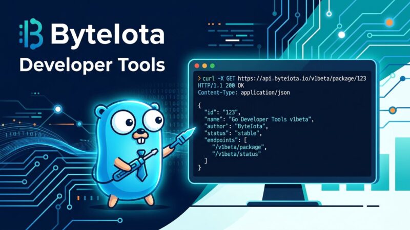 Go gopher at a terminal displaying pkg.go.dev API JSON responses with blue circuit-board background