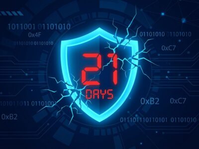 A broken digital shield with a countdown timer showing 21 days, representing the collapse of the exploit weaponization window in 2026, with binary code and security threat indicators