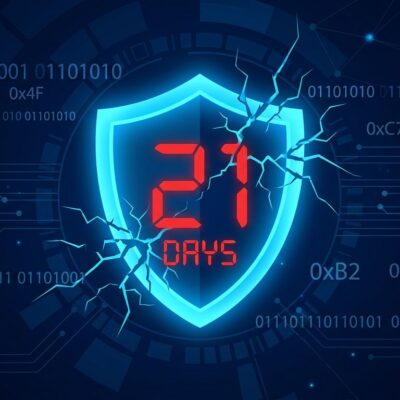 A broken digital shield with a countdown timer showing 21 days, representing the collapse of the exploit weaponization window in 2026, with binary code and security threat indicators