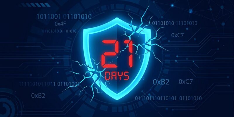 A broken digital shield with a countdown timer showing 21 days, representing the collapse of the exploit weaponization window in 2026, with binary code and security threat indicators