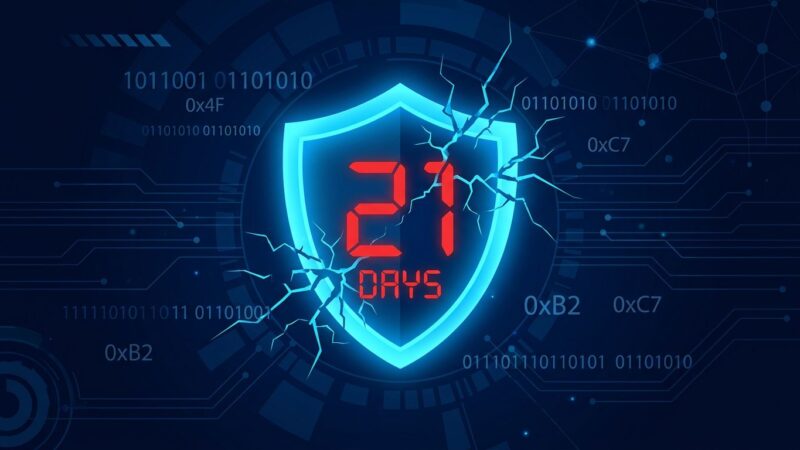 A broken digital shield with a countdown timer showing 21 days, representing the collapse of the exploit weaponization window in 2026, with binary code and security threat indicators