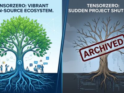 Split-screen illustration showing TensorZero's OSS platform thriving versus archived, representing the LLMOps shutdown