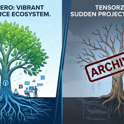 Split-screen illustration showing TensorZero's OSS platform thriving versus archived, representing the LLMOps shutdown