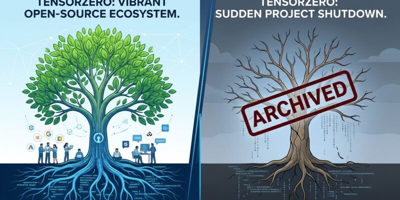 Split-screen illustration showing TensorZero's OSS platform thriving versus archived, representing the LLMOps shutdown