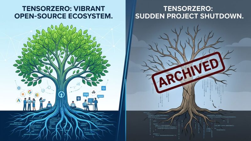 Split-screen illustration showing TensorZero's OSS platform thriving versus archived, representing the LLMOps shutdown