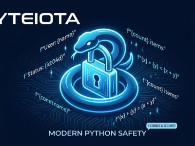 Python 3.14 t-strings tutorial - blue Python snake wrapping a padlock representing code safety and injection prevention