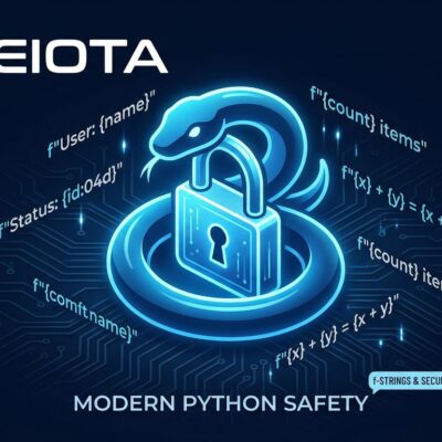 Python 3.14 t-strings tutorial - blue Python snake wrapping a padlock representing code safety and injection prevention