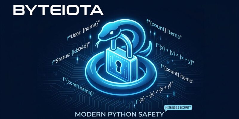 Python 3.14 t-strings tutorial - blue Python snake wrapping a padlock representing code safety and injection prevention
