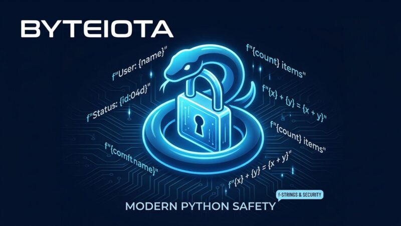 Python 3.14 t-strings tutorial - blue Python snake wrapping a padlock representing code safety and injection prevention