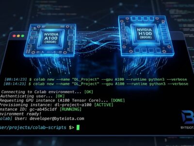 Google Colab CLI terminal showing GPU provisioning commands with blue holographic GPU chips