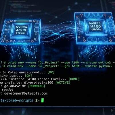 Google Colab CLI terminal showing GPU provisioning commands with blue holographic GPU chips