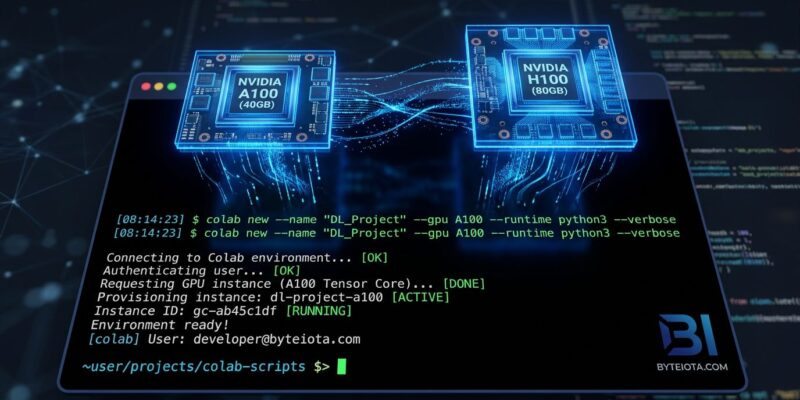 Google Colab CLI terminal showing GPU provisioning commands with blue holographic GPU chips