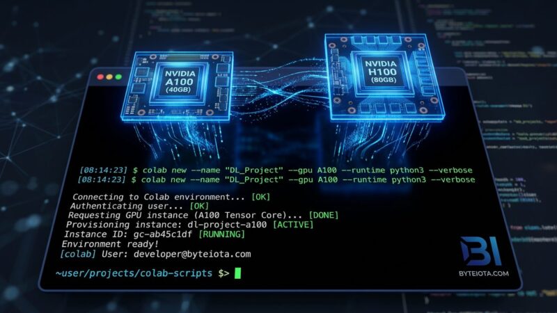 Google Colab CLI terminal showing GPU provisioning commands with blue holographic GPU chips