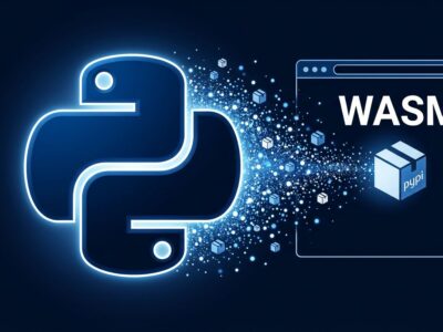 Python logo with browser window and WebAssembly WASM icon, representing Pyodide browser Python packaging via PyPI