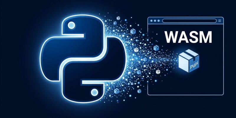 Python logo with browser window and WebAssembly WASM icon, representing Pyodide browser Python packaging via PyPI