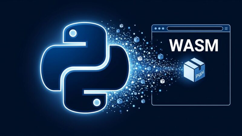 Python logo with browser window and WebAssembly WASM icon, representing Pyodide browser Python packaging via PyPI