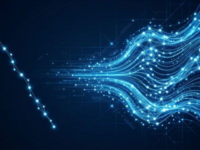 DiffusionGemma neural network visualization showing parallel token generation with blue diffusion waves on dark background