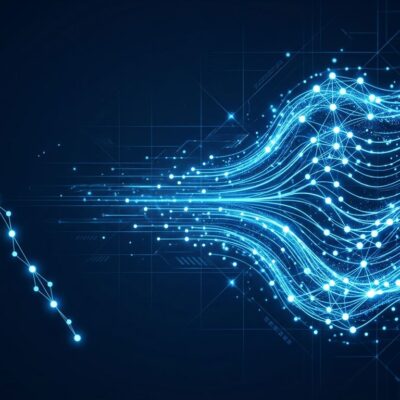 DiffusionGemma neural network visualization showing parallel token generation with blue diffusion waves on dark background
