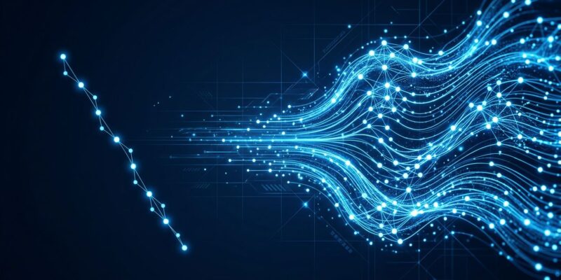 DiffusionGemma neural network visualization showing parallel token generation with blue diffusion waves on dark background