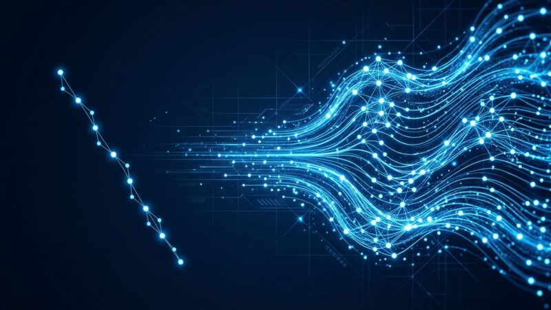 DiffusionGemma neural network visualization showing parallel token generation with blue diffusion waves on dark background