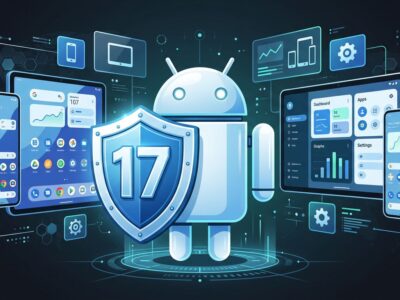 Android 17 adaptive layout illustration showing phone and tablet side by side with shield icon representing API 37 security changes
