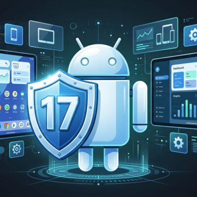 Android 17 adaptive layout illustration showing phone and tablet side by side with shield icon representing API 37 security changes