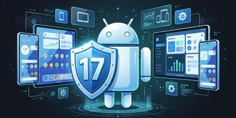 Android 17 adaptive layout illustration showing phone and tablet side by side with shield icon representing API 37 security changes