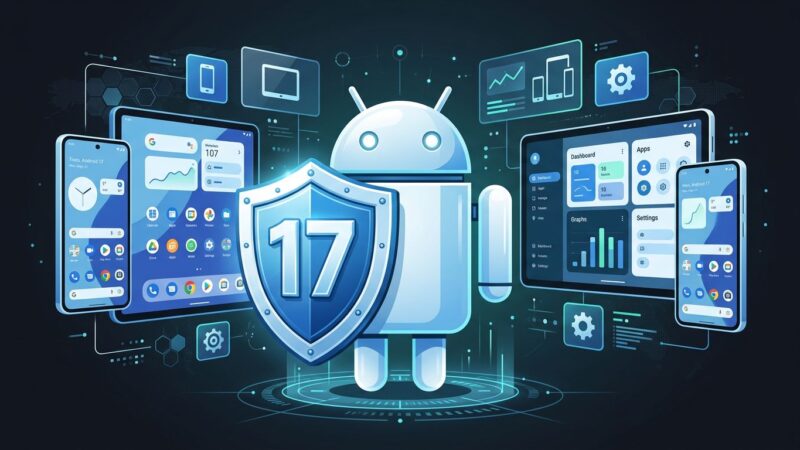Android 17 adaptive layout illustration showing phone and tablet side by side with shield icon representing API 37 security changes