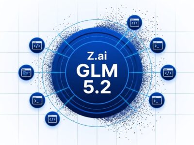 Bold conceptual design showing GLM 5.2 circular badge with orbiting coding agent icons on white background