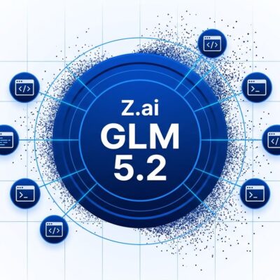 Bold conceptual design showing GLM 5.2 circular badge with orbiting coding agent icons on white background