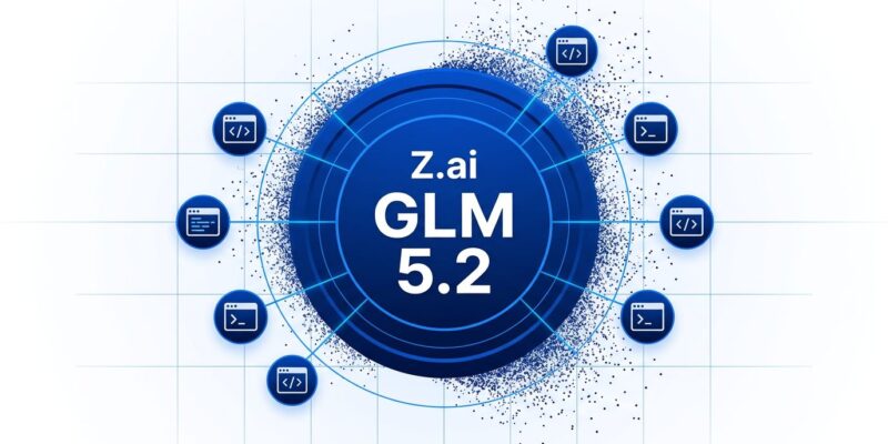 Bold conceptual design showing GLM 5.2 circular badge with orbiting coding agent icons on white background