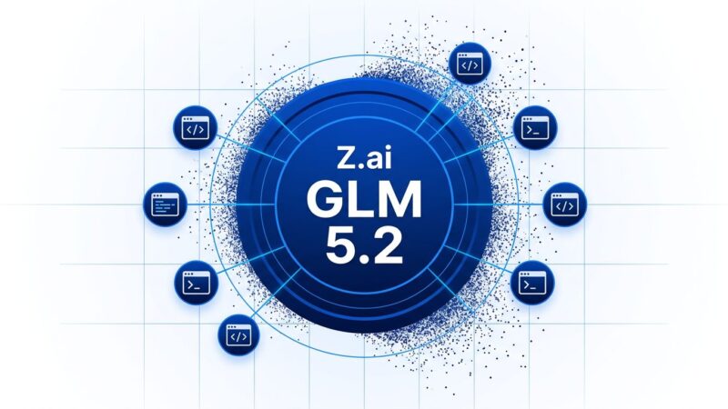 Bold conceptual design showing GLM 5.2 circular badge with orbiting coding agent icons on white background