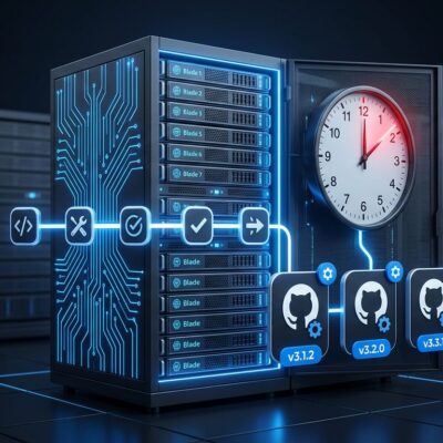 GitHub Actions self-hosted runner minimum version enforcement brownout schedule 2026 — server rack with CI/CD pipeline visualization
