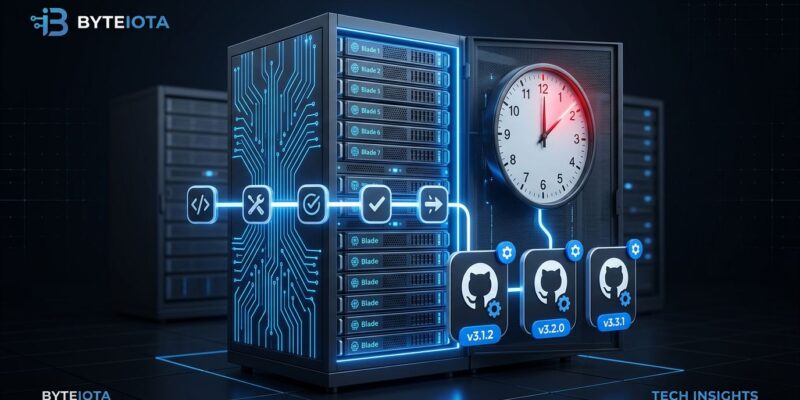 GitHub Actions self-hosted runner minimum version enforcement brownout schedule 2026 — server rack with CI/CD pipeline visualization