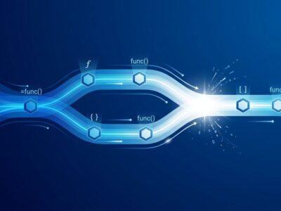 Abstract visualization of entity-level git merge with blue gradient streams splitting and merging cleanly