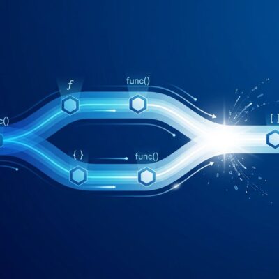 Abstract visualization of entity-level git merge with blue gradient streams splitting and merging cleanly