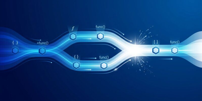 Abstract visualization of entity-level git merge with blue gradient streams splitting and merging cleanly