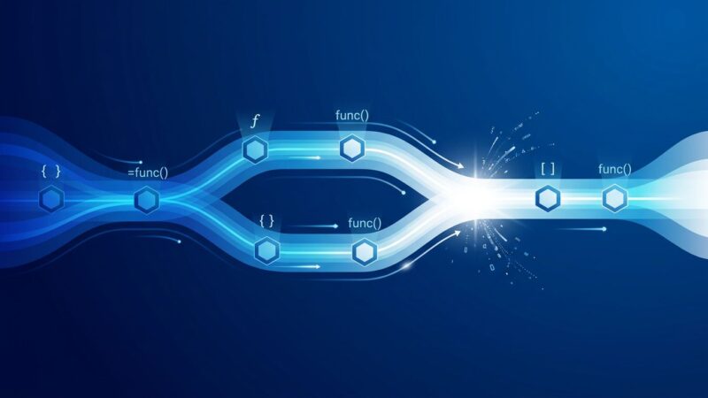 Abstract visualization of entity-level git merge with blue gradient streams splitting and merging cleanly