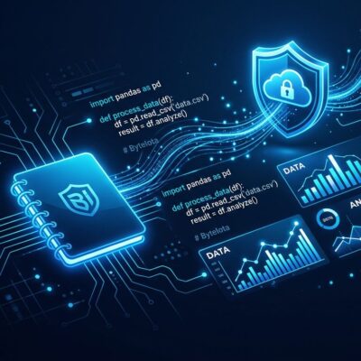 NotebookLM notebook connected to Python code blocks and data charts in a blue and white tech environment