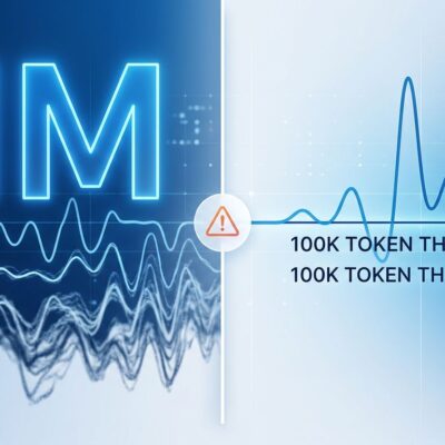 Split-screen diagram showing context window degradation: 1M token window with degrading signal on left versus clean reliable output at 100K tokens on right