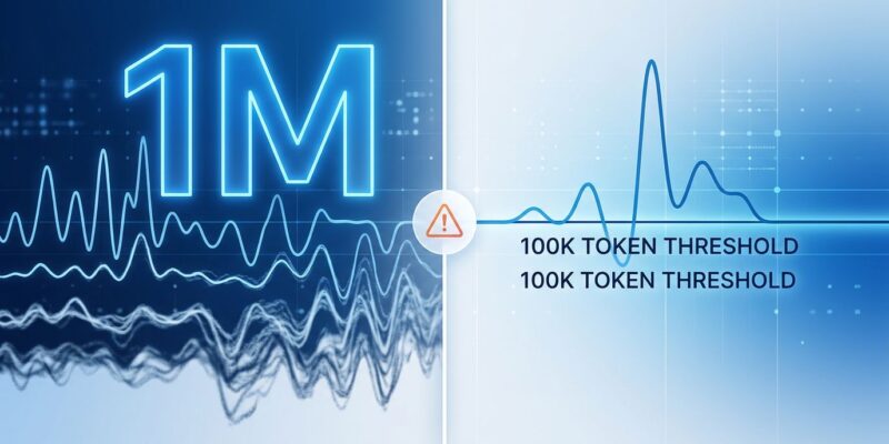 Split-screen diagram showing context window degradation: 1M token window with degrading signal on left versus clean reliable output at 100K tokens on right