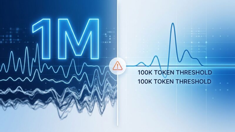 Split-screen diagram showing context window degradation: 1M token window with degrading signal on left versus clean reliable output at 100K tokens on right