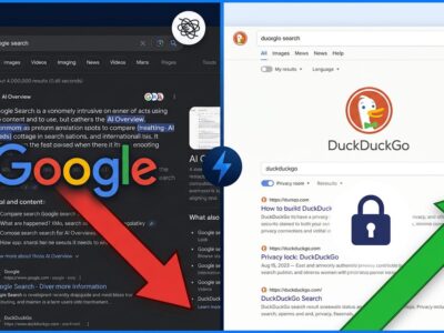 Split-screen illustration showing Google AI Overview search results versus DuckDuckGo no-AI clean search interface